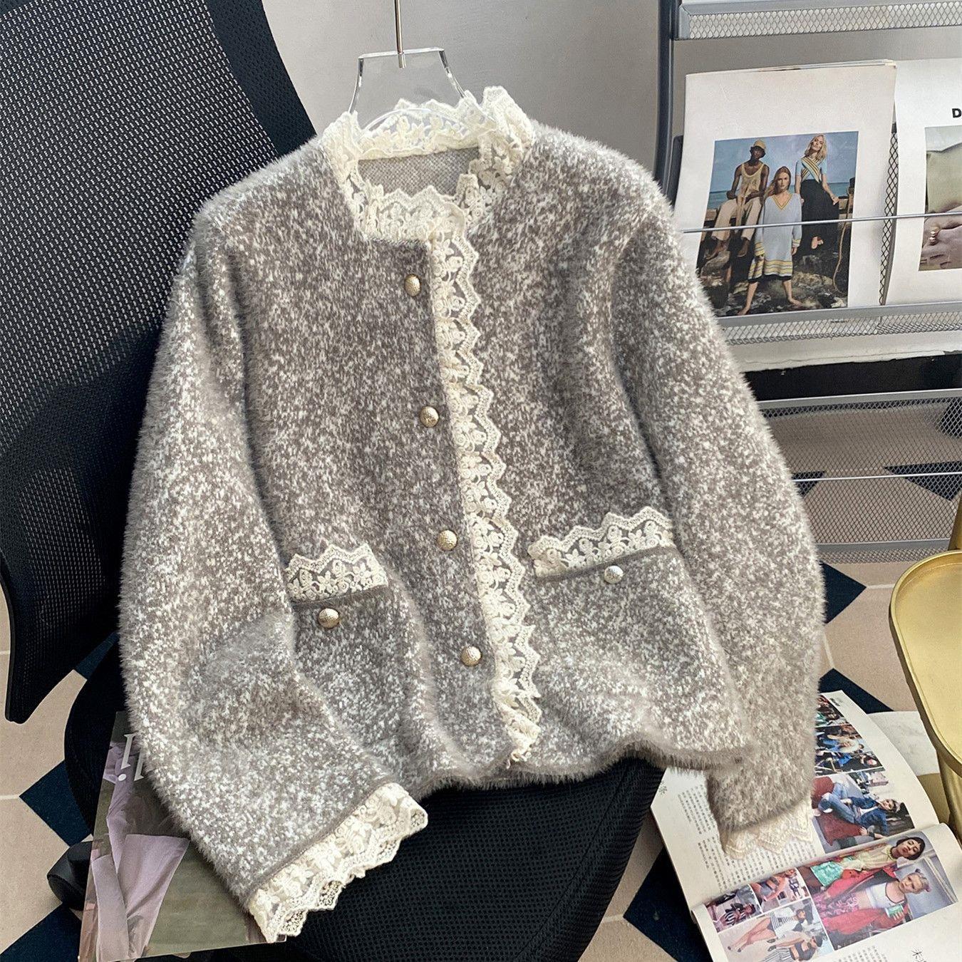 Livia Lace Winter Fur Cardigan In Grey