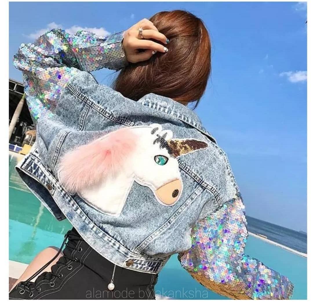 Statement Sequined Unicorn Jacket in Blue