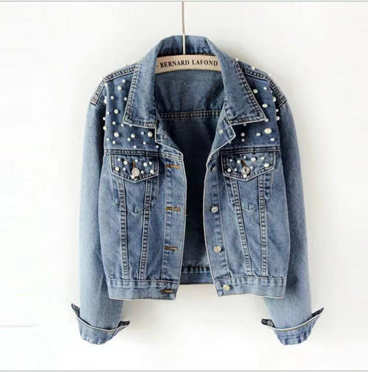 Pearl Embellished Denim Jackets In Blue